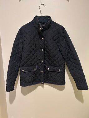 J. Crew Quilted Black Button-Front Down Jacket W/ Pockets & Gold Buttons Size M